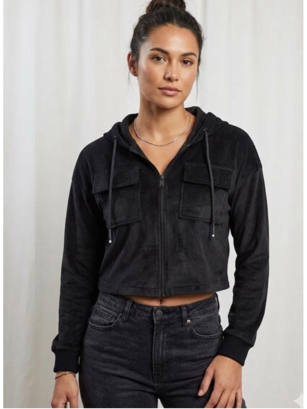 Ladies Zara Black Cropped Corduroy Bomber Jacket with Hood large school work1209